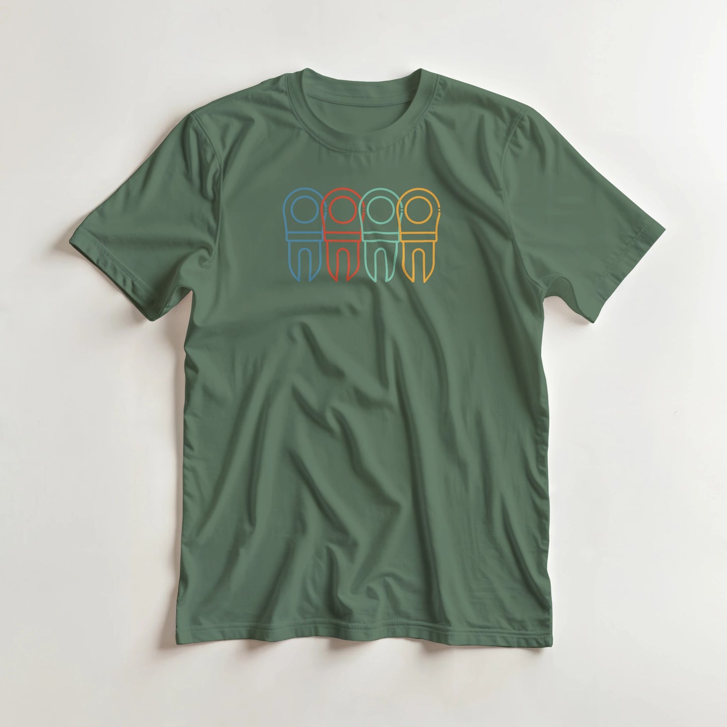 Divot Rainbow T-Shirt in Military Green M lying on a plain floor. T-shirt is a unisex cut and 100 per cent cotton.