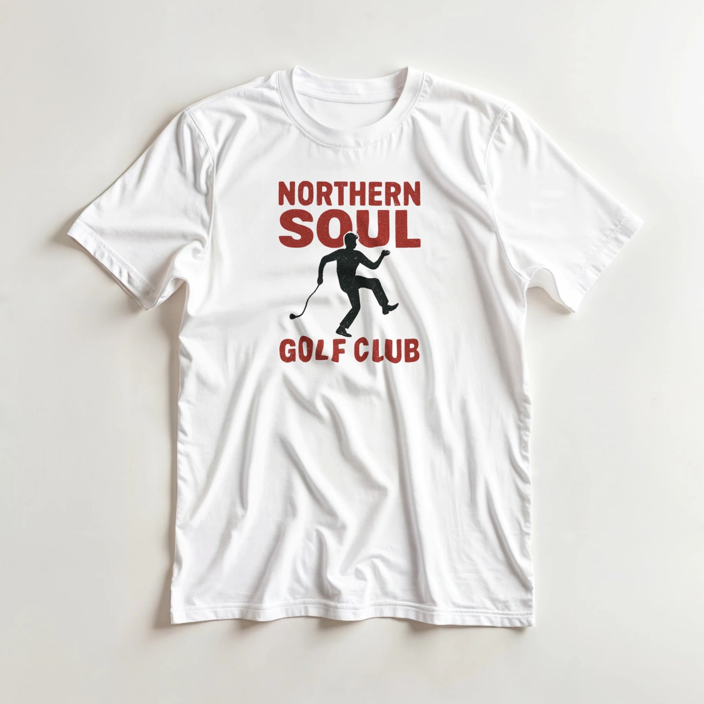Northern Soul GC T-Shirt in White lying on a plain floor. T-shirt is a unisex cut and 100 per cent cotton.