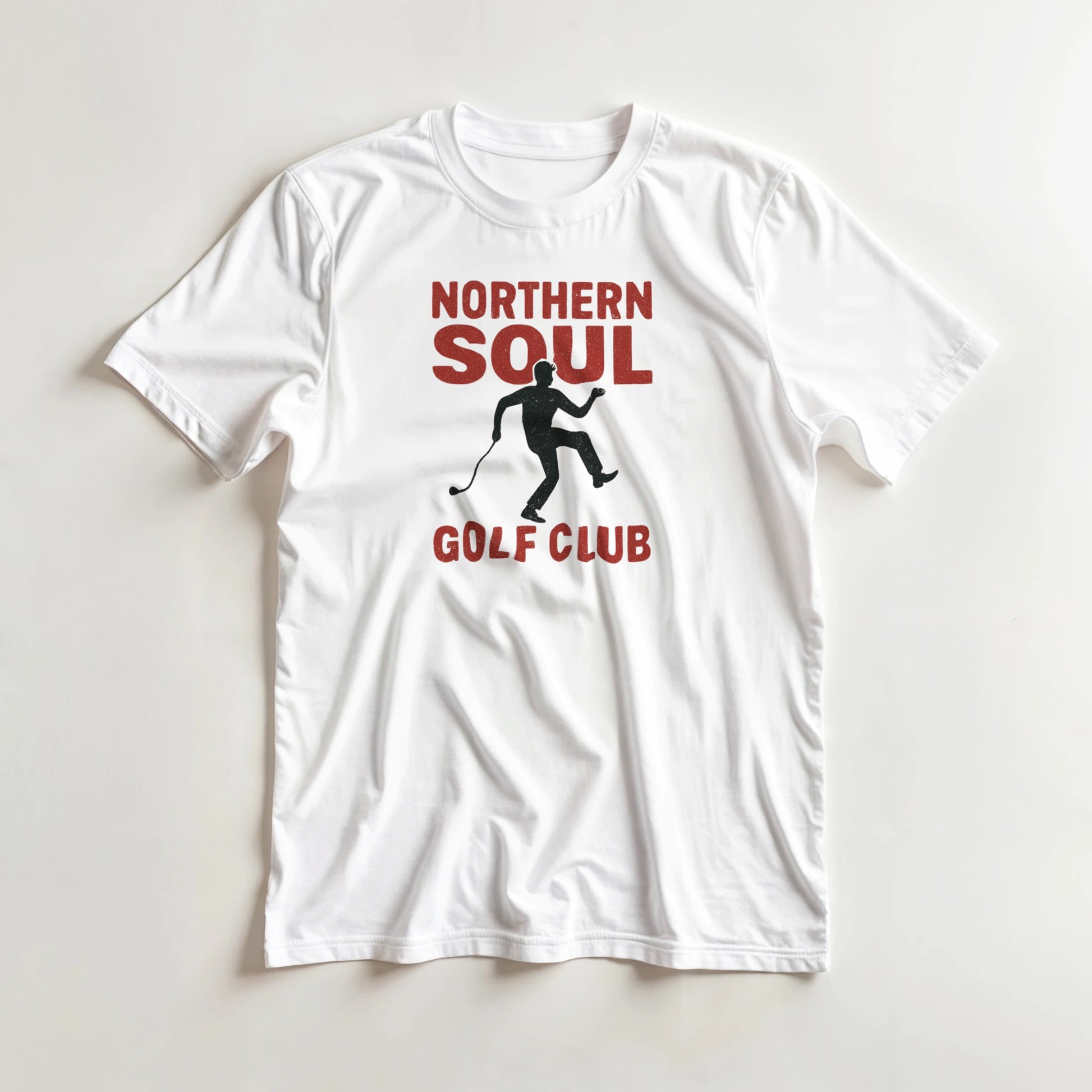 Northern Soul GC T-Shirt in White lying on a plain floor. T-shirt is a unisex cut and 100 per cent cotton.