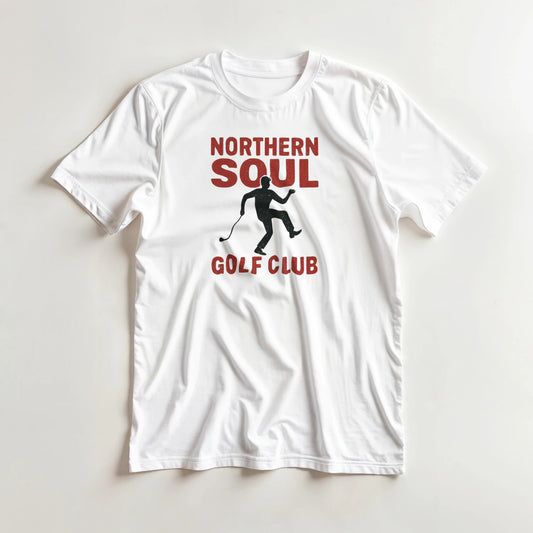 Northern Soul GC T-Shirt in White lying on a plain floor. T-shirt is a unisex cut and 100 per cent cotton.