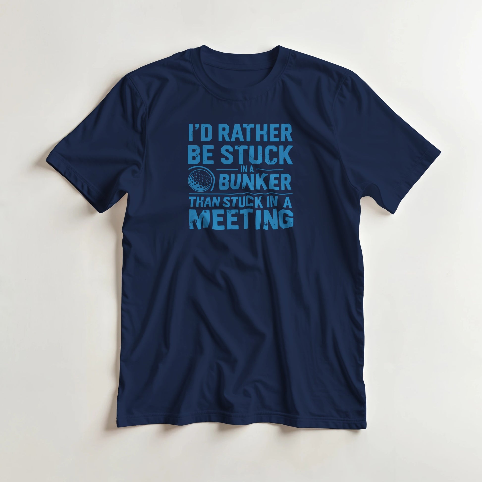 Stuck In Bunker T-Shirt in Navy S lying on a plain floor. T-shirt is a unisex cut and 100 per cent cotton.