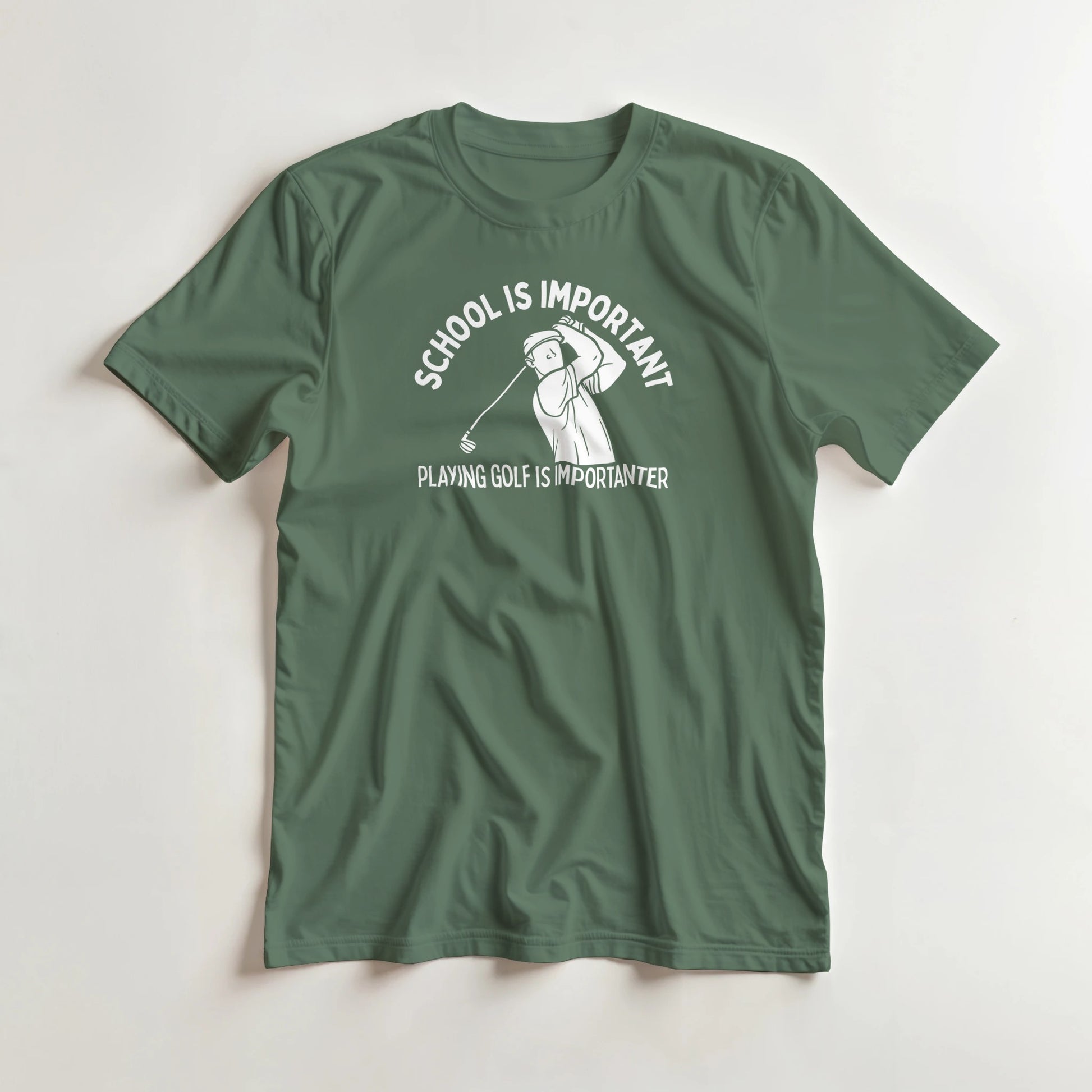 Golf Is Importanter T-Shirt in Military Green S lying on a plain floor. T-shirt is a unisex cut and 100 per cent cotton.