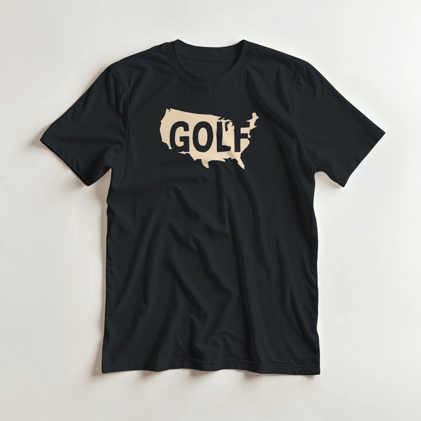Golf USA T-Shirt in Black XL lying on a plain floor. T-shirt is a unisex cut and 100 per cent cotton.