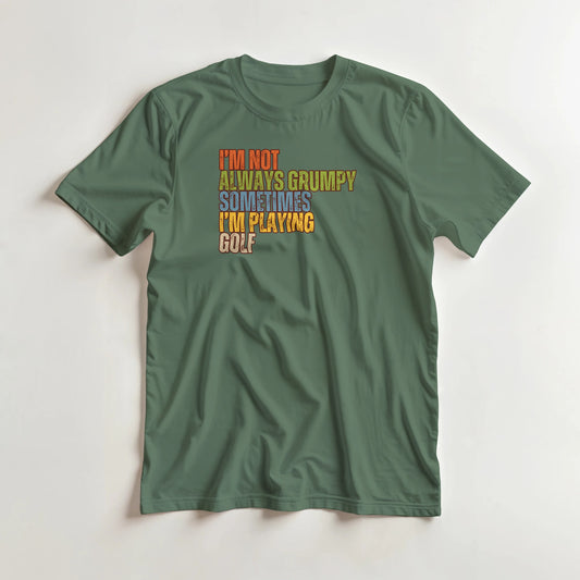 Grumpy Classic T-Shirt in Military Green lying on a plain floor. T-shirt is a unisex cut and 100 per cent cotton.