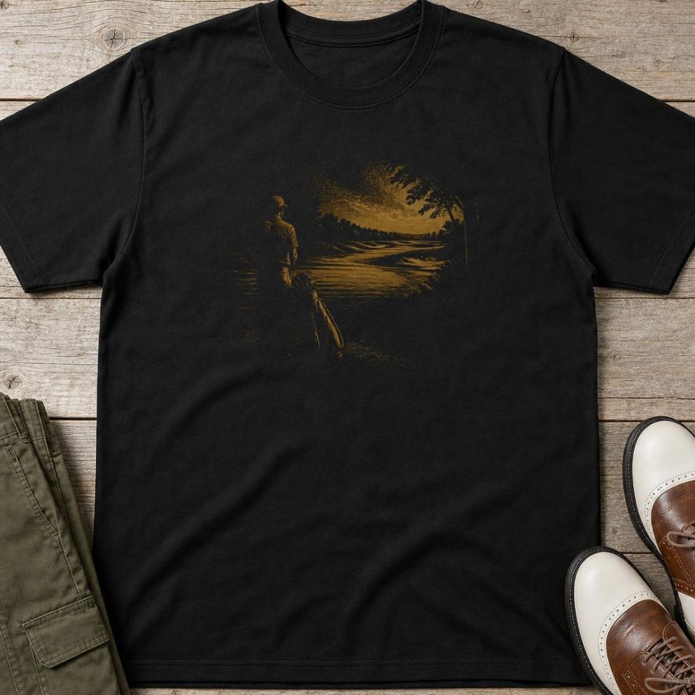 The Fairway T-Shirt in Black lying on a plain floor. T-shirt is a unisex cut and 100 per cent cotton.