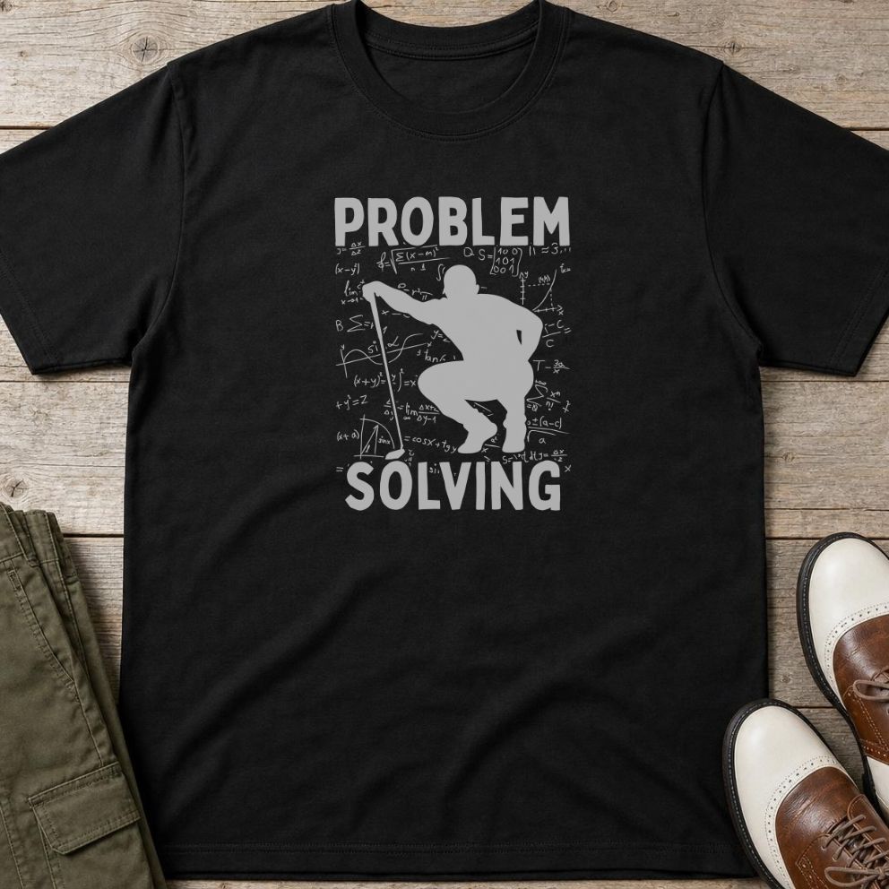 Problem Solving T-Shirt in Black lying on a plain floor. T-shirt is a unisex cut and 100 per cent cotton.