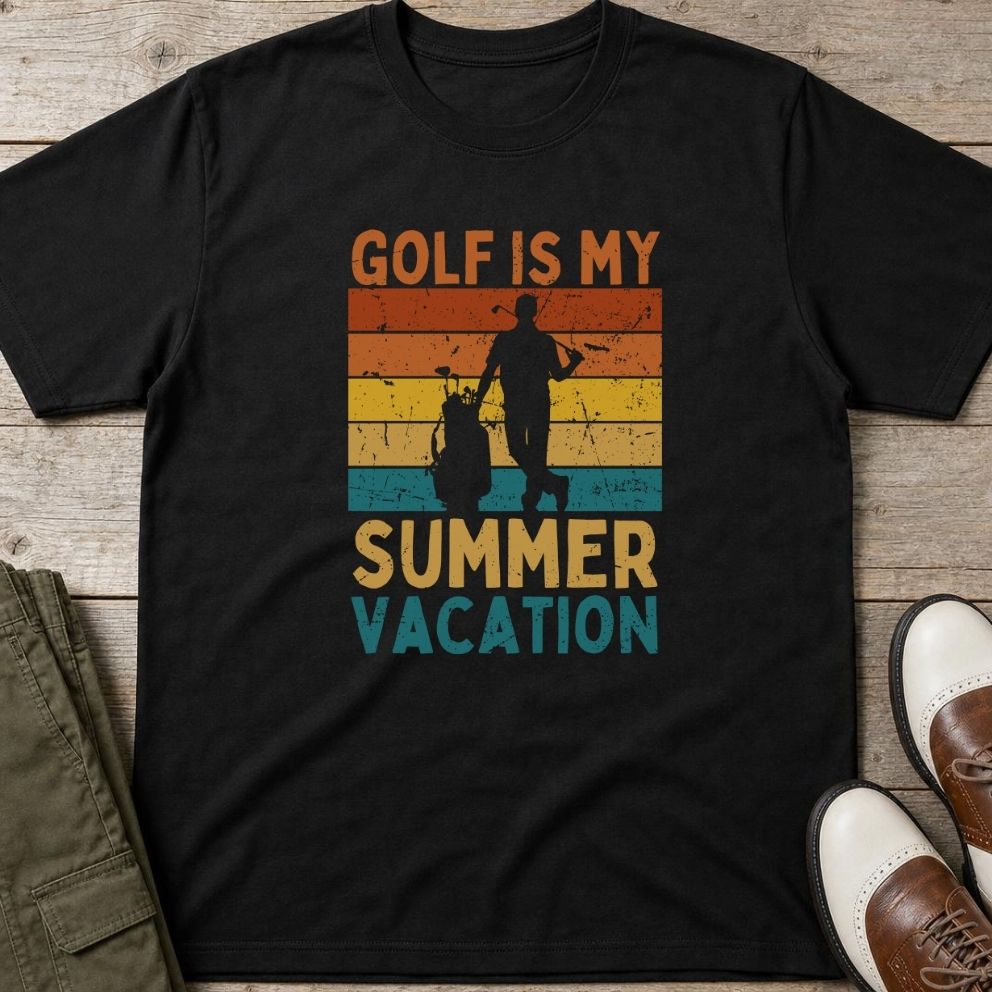 Summer Vacation T-Shirt in Black lying on a plain floor. T-shirt is a unisex cut and 100 per cent cotton.