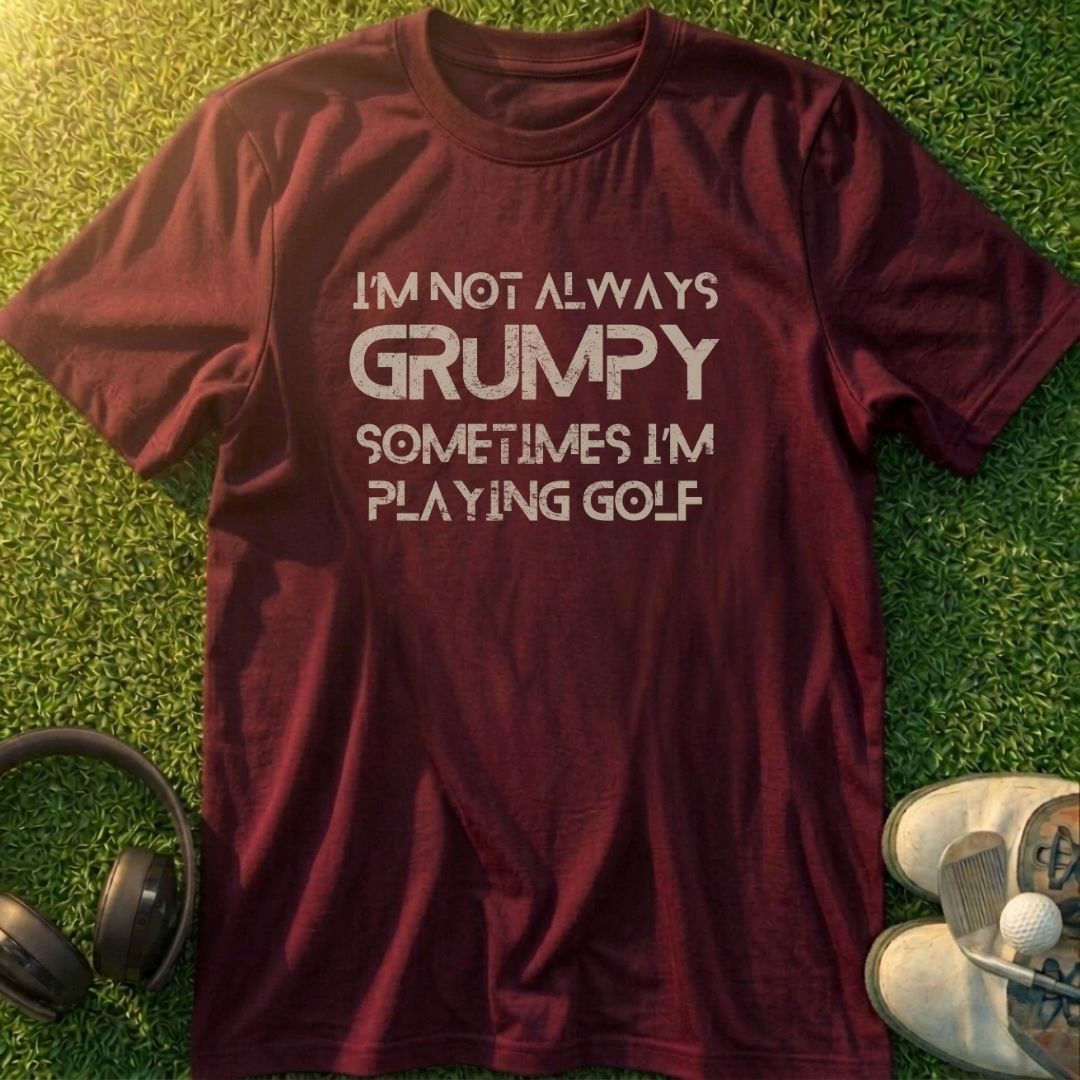 Grumpy Golf T-Shirt in lying on a plain floor. T-shirt is a unisex cut and 100 per cent cotton.