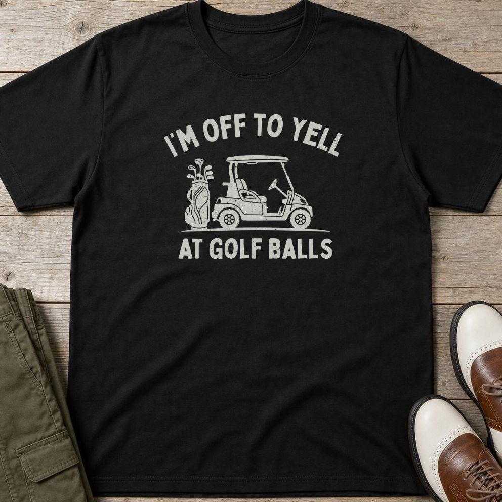 Off To Yell T-Shirt in Black lying on a plain floor. T-shirt is a unisex cut and 100 per cent cotton.
