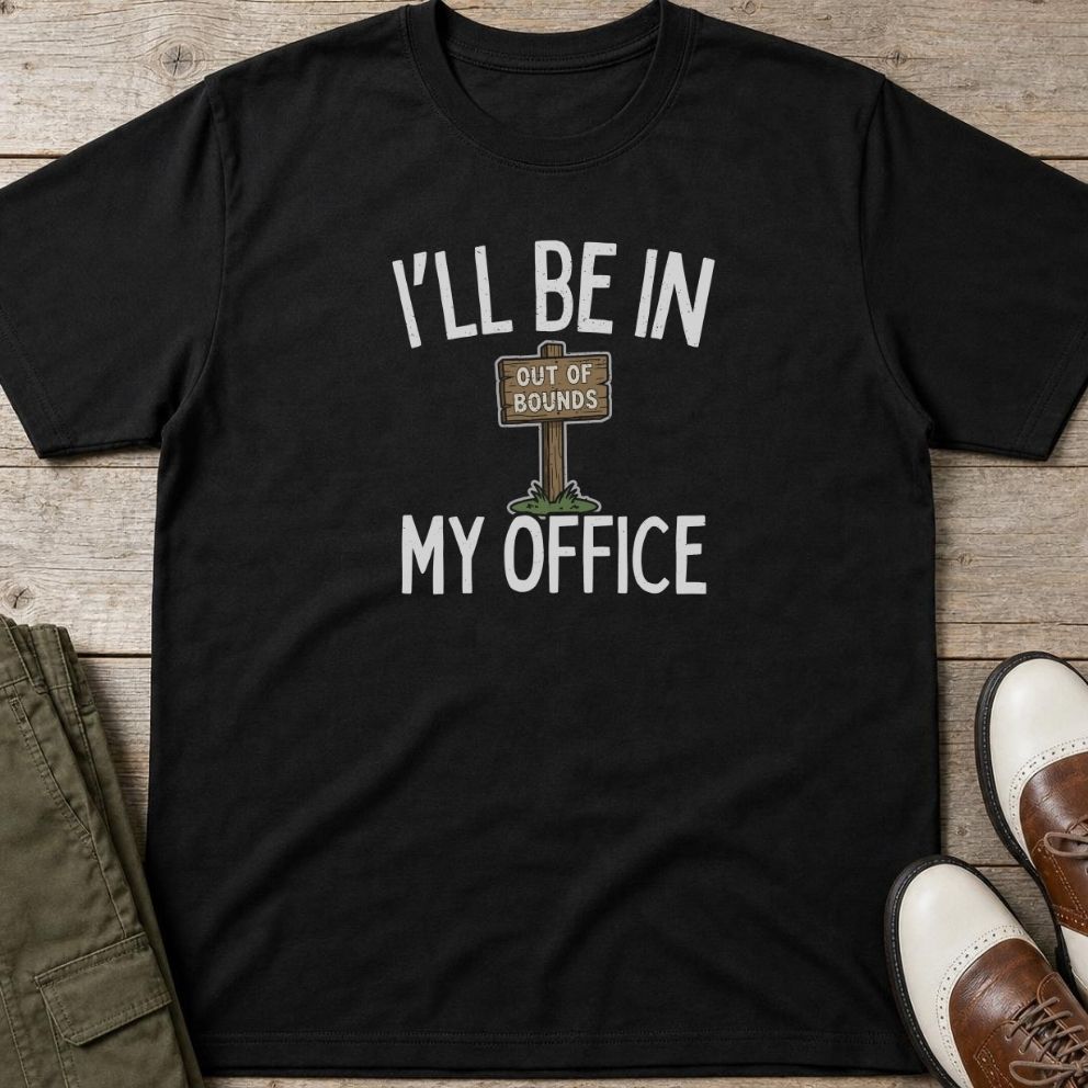 In My Office T-Shirt in Black lying on a plain floor. T-shirt is a unisex cut and 100 per cent cotton.