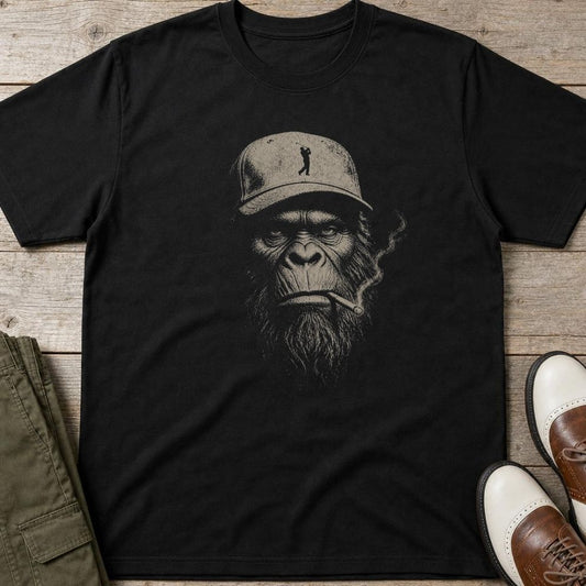 Big Foot Golfer T-Shirt in Black lying on a plain floor. T-shirt is a unisex cut and 100 per cent cotton.