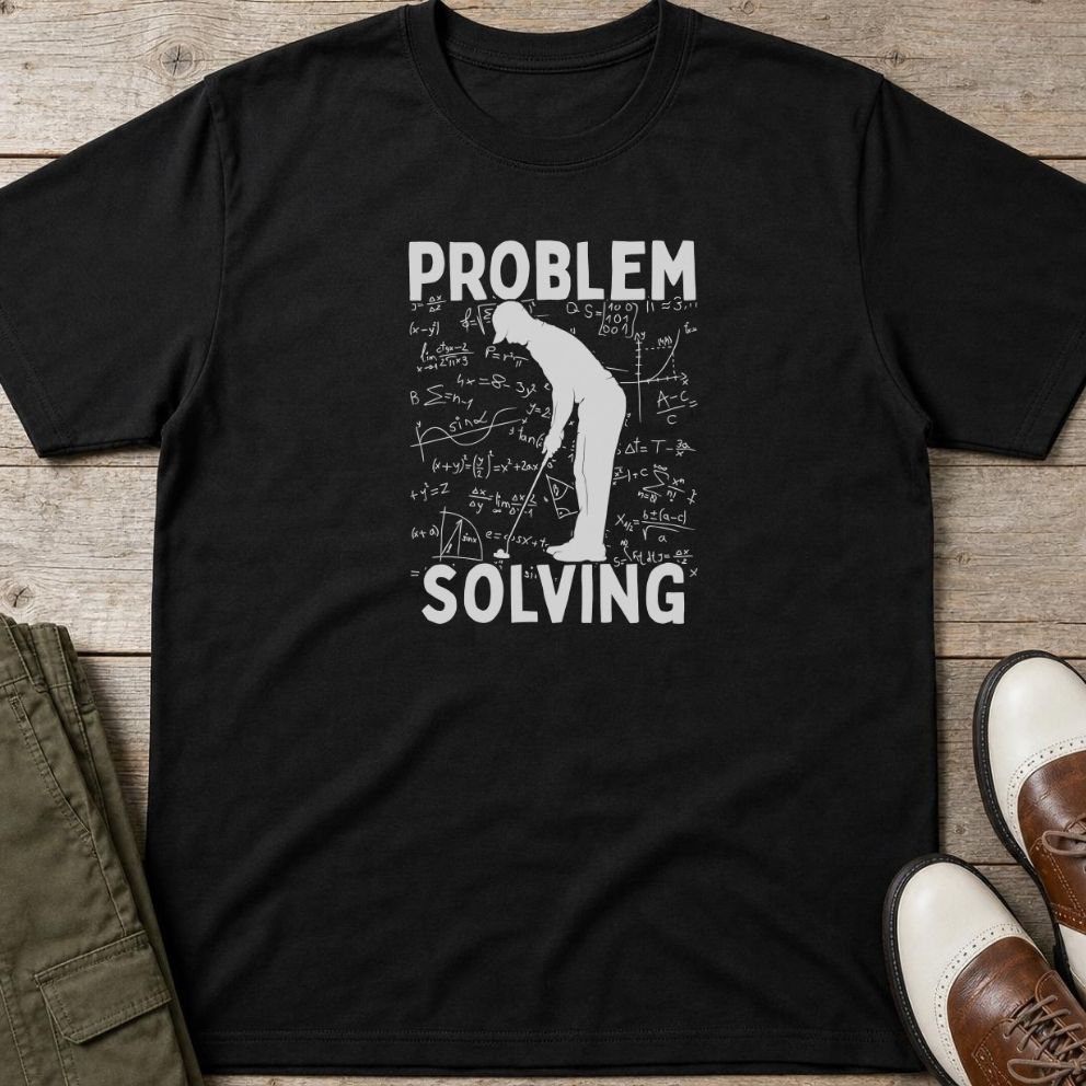 Problem Putt T-Shirt in Black lying on a plain floor. T-shirt is a unisex cut and 100 per cent cotton.