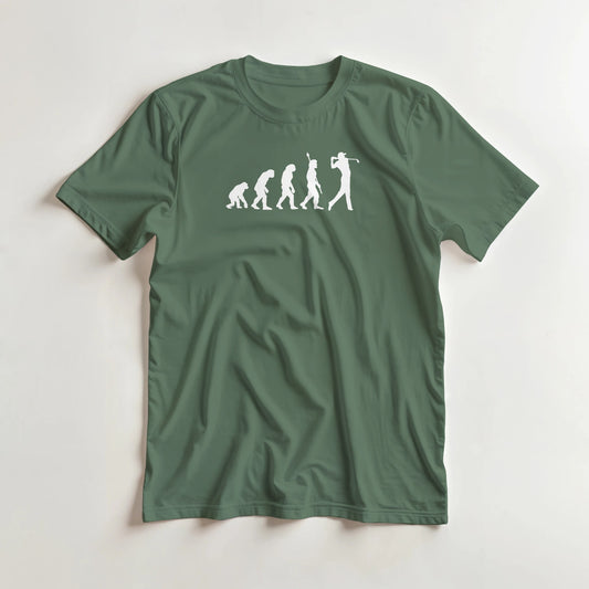 Evolution T-Shirt in Military Green S lying on a plain floor. T-shirt is a unisex cut and 100 per cent cotton.