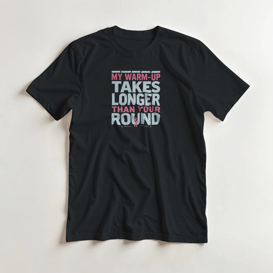 Warm-Up T-Shirt in Black lying on a plain floor. T-shirt is a unisex cut and 100 per cent cotton.