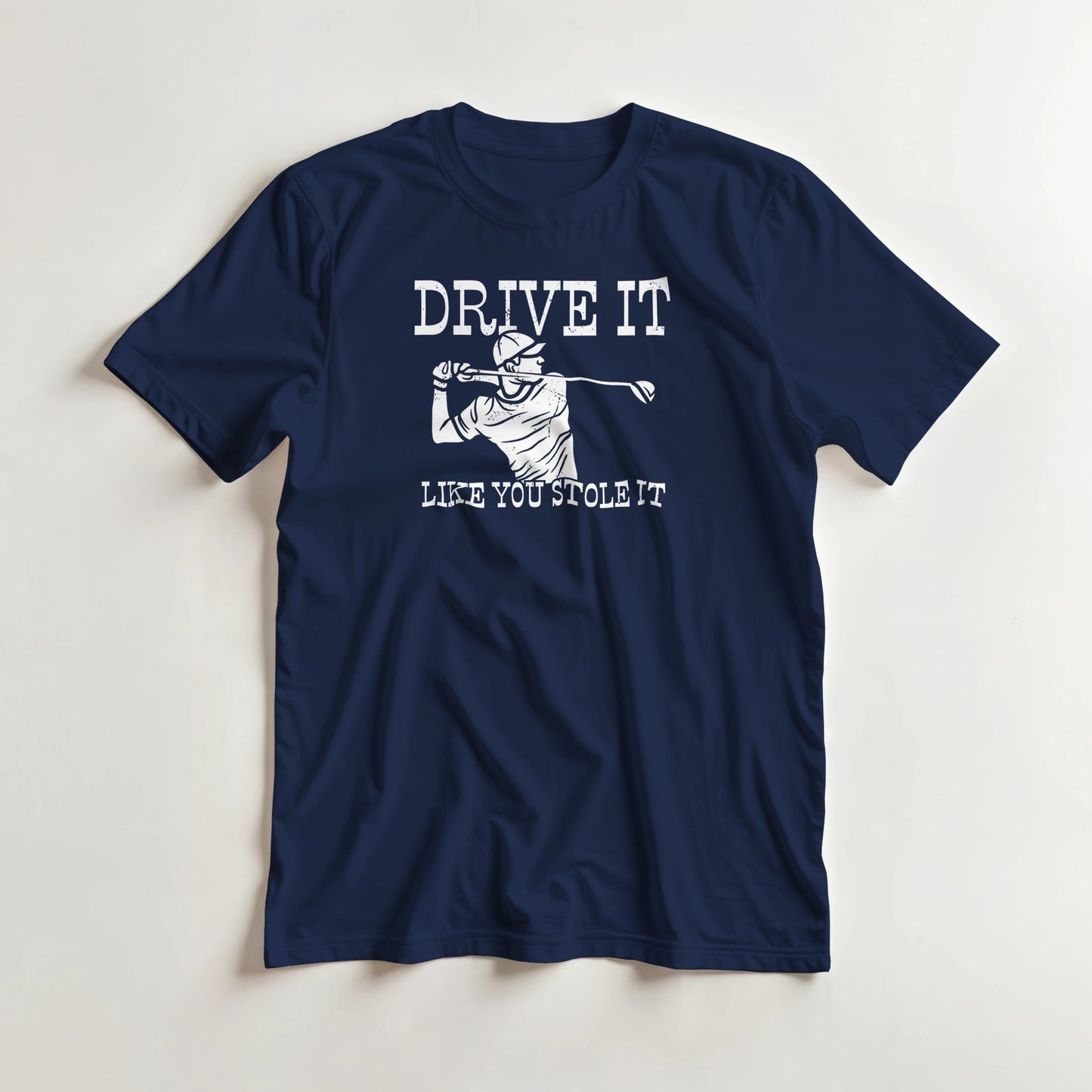 Stole It T-Shirt in Navy lying on a plain floor. T-shirt is a unisex cut and 100 per cent cotton.