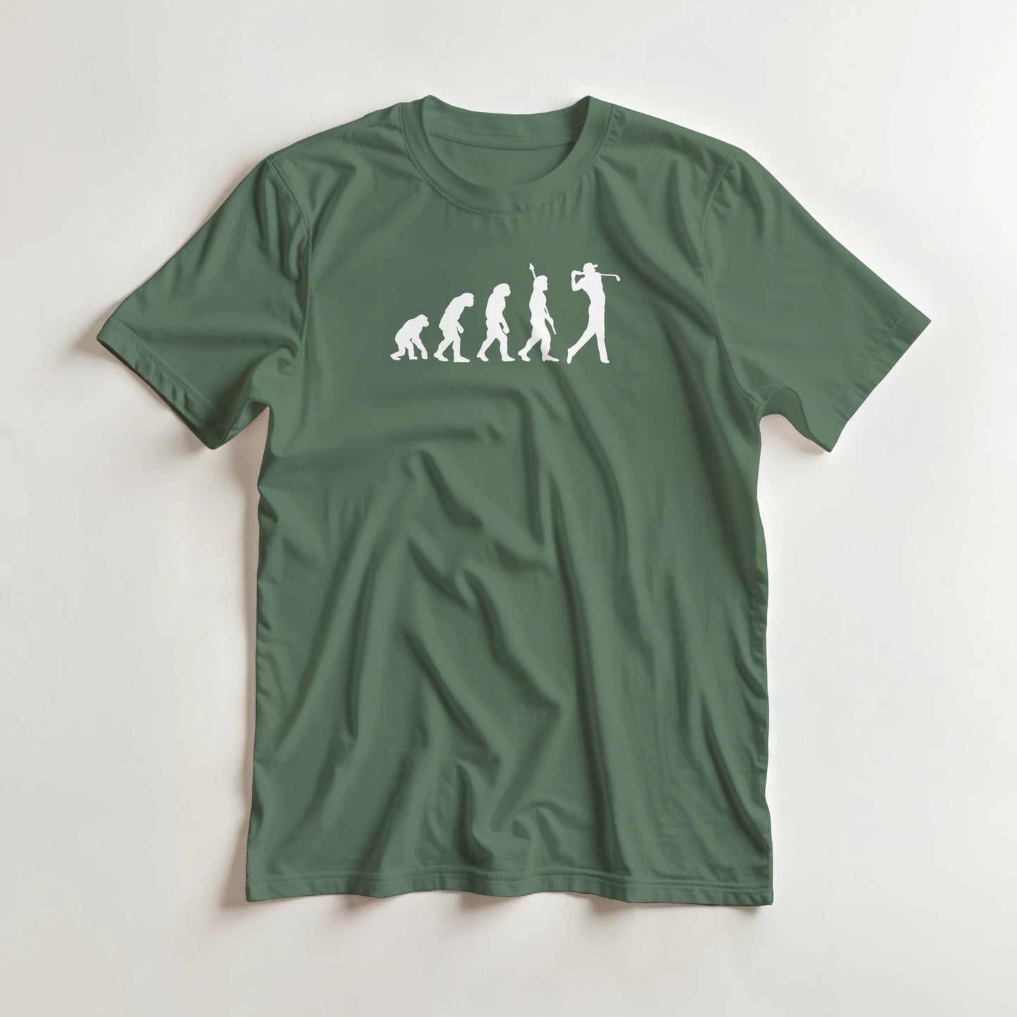 Evolution T-Shirt in Military Green L lying on a plain floor. T-shirt is a unisex cut and 100 per cent cotton.