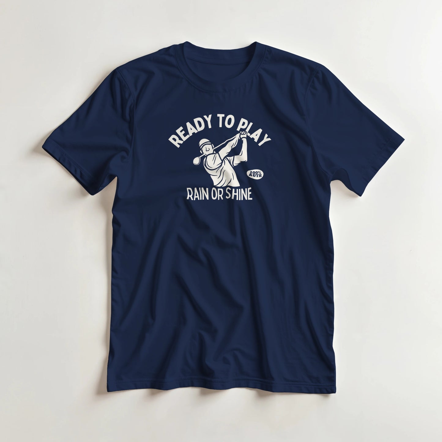 Ready To Play T-Shirt in Navy XL lying on a plain floor. T-shirt is a unisex cut and 100 per cent cotton.