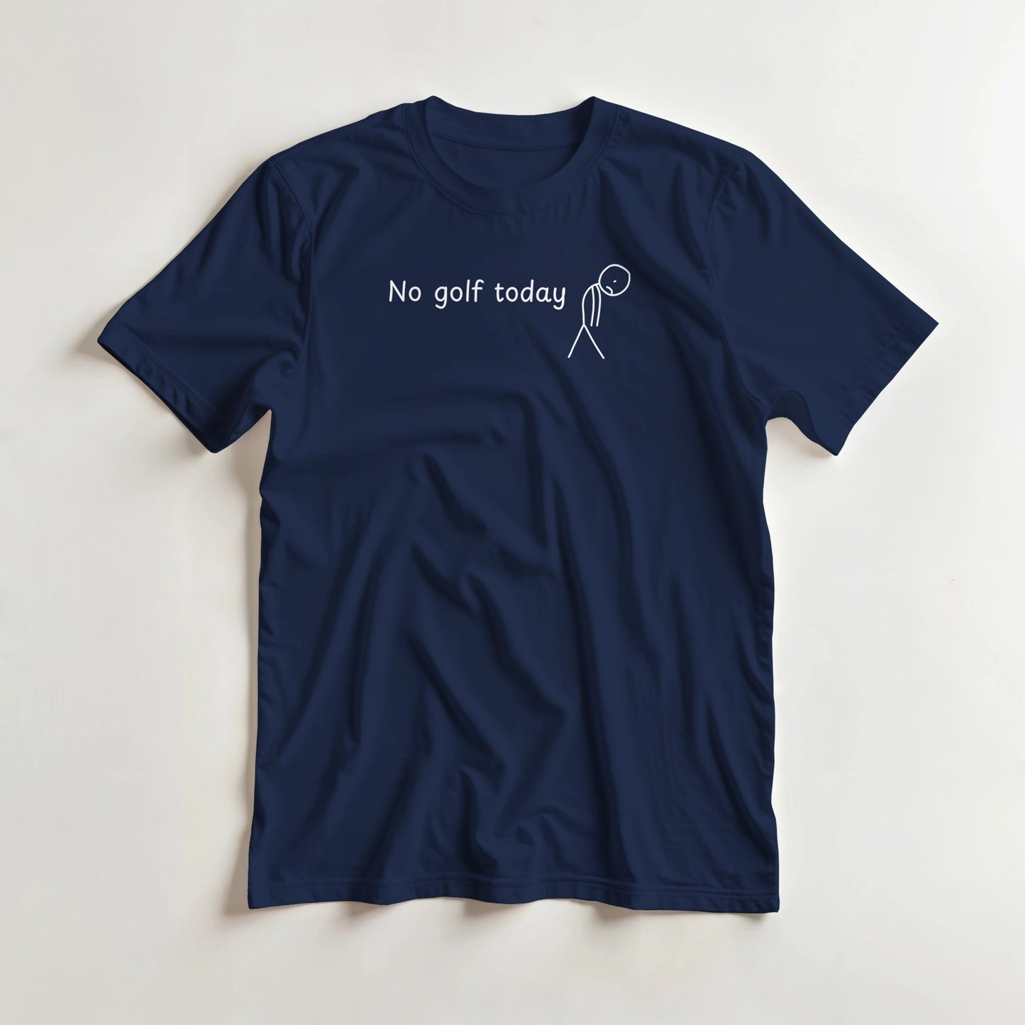No Golf Today T-Shirt in Navy M lying on a plain floor. T-shirt is a unisex cut and 100 per cent cotton.