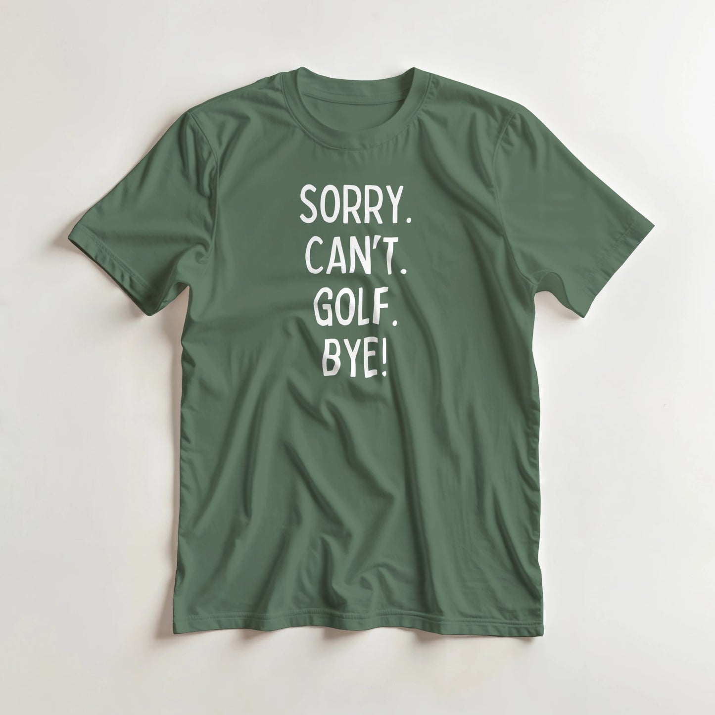 Sorry. Golf T-Shirt in Military Green lying on a plain floor. T-shirt is a unisex cut and 100 per cent cotton.