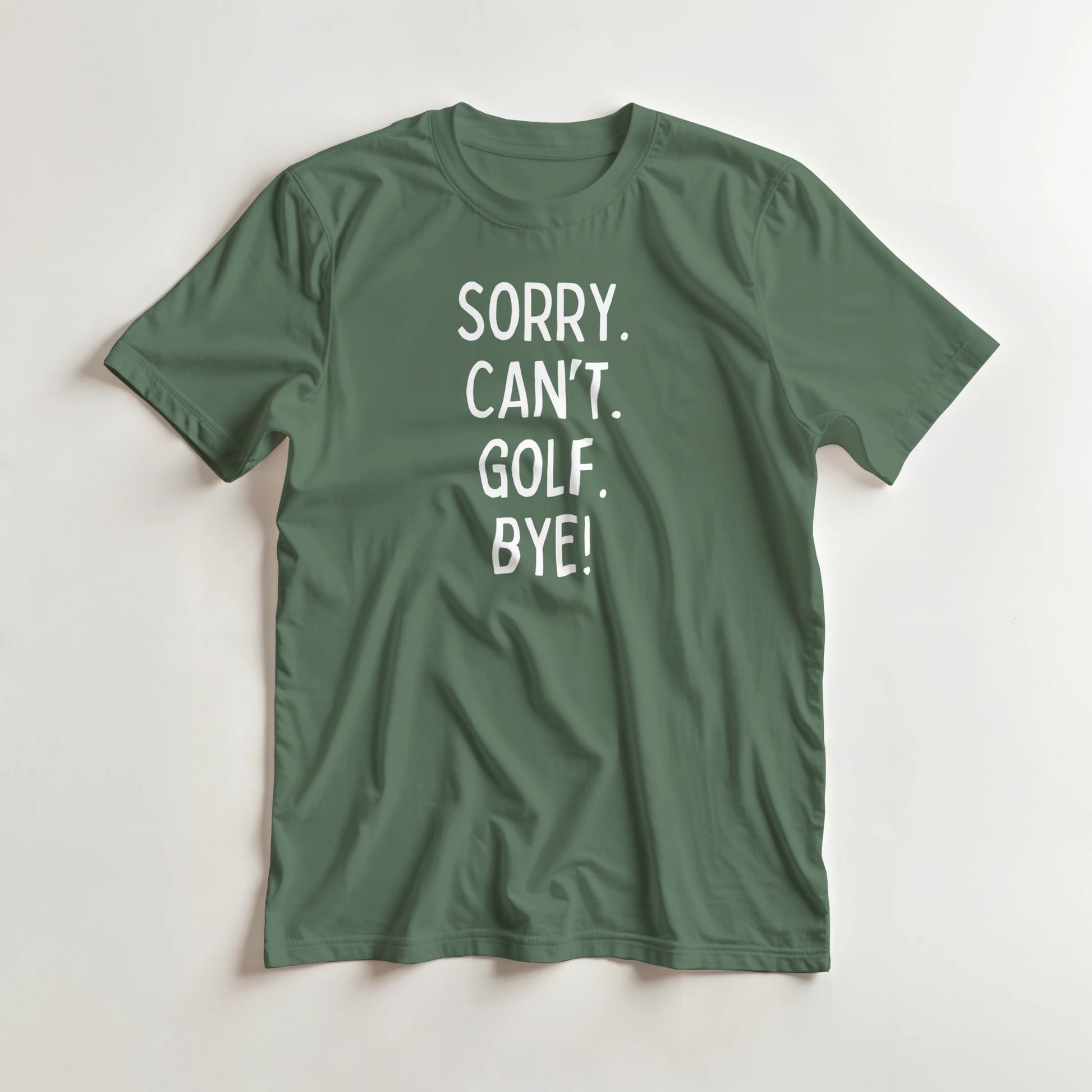 Sorry. Golf T-Shirt in Military Green lying on a plain floor. T-shirt is a unisex cut and 100 per cent cotton.