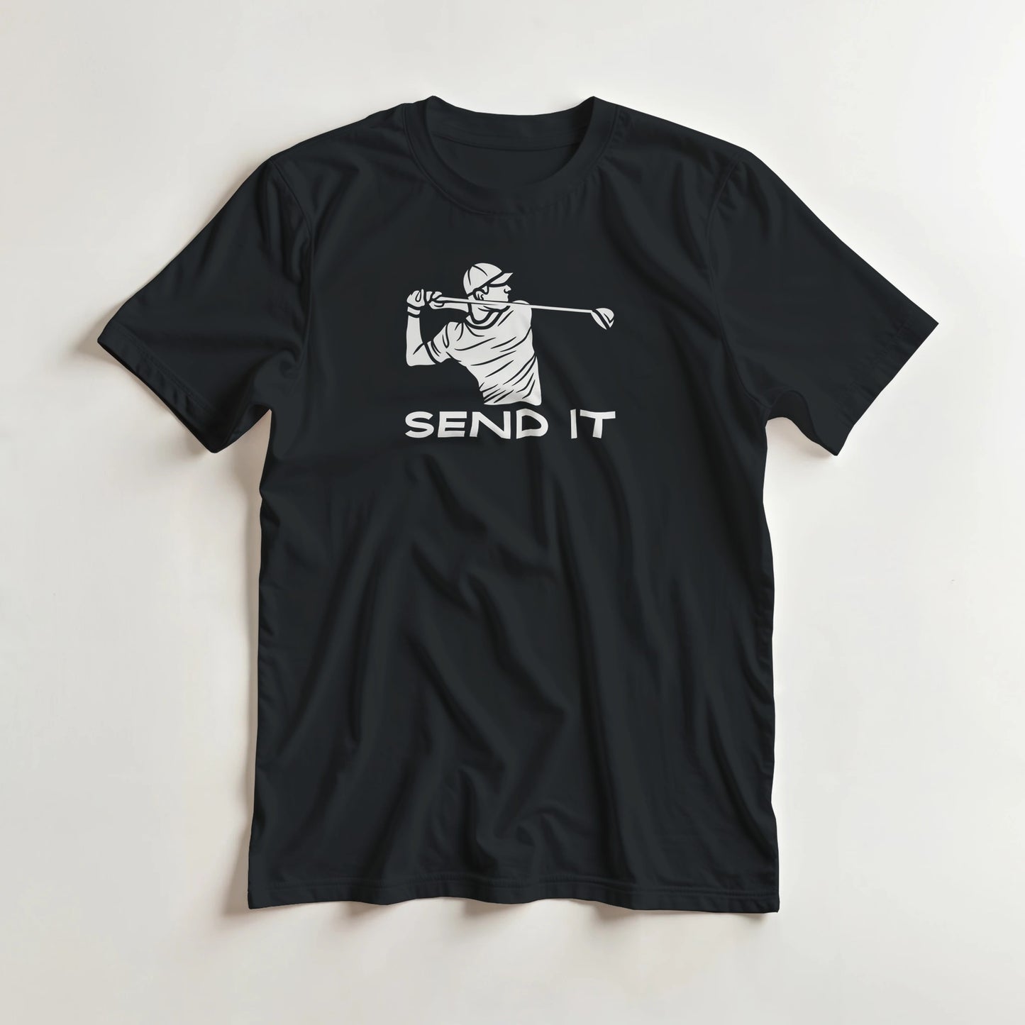 Send It T-Shirt in Black XL lying on a plain floor. T-shirt is a unisex cut and 100 per cent cotton.