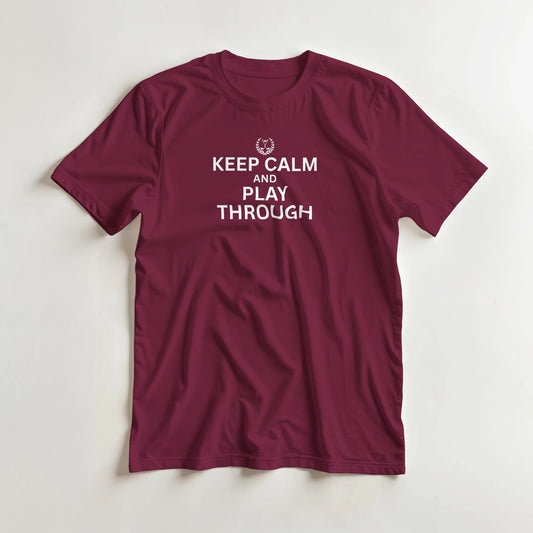 Keep Calm T-Shirt in Maroon S lying on a plain floor. T-shirt is a unisex cut and 100 per cent cotton.
