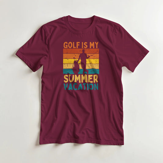 Summer Vacation T-Shirt in Maroon lying on a plain floor. T-shirt is a unisex cut and 100 per cent cotton.