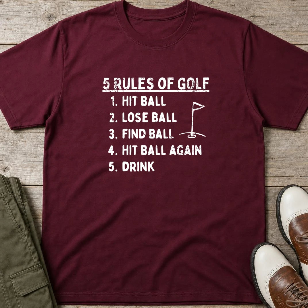 5 Rules T-Shirt in Maroon lying on a plain floor. T-shirt is a unisex cut and 100 per cent cotton.