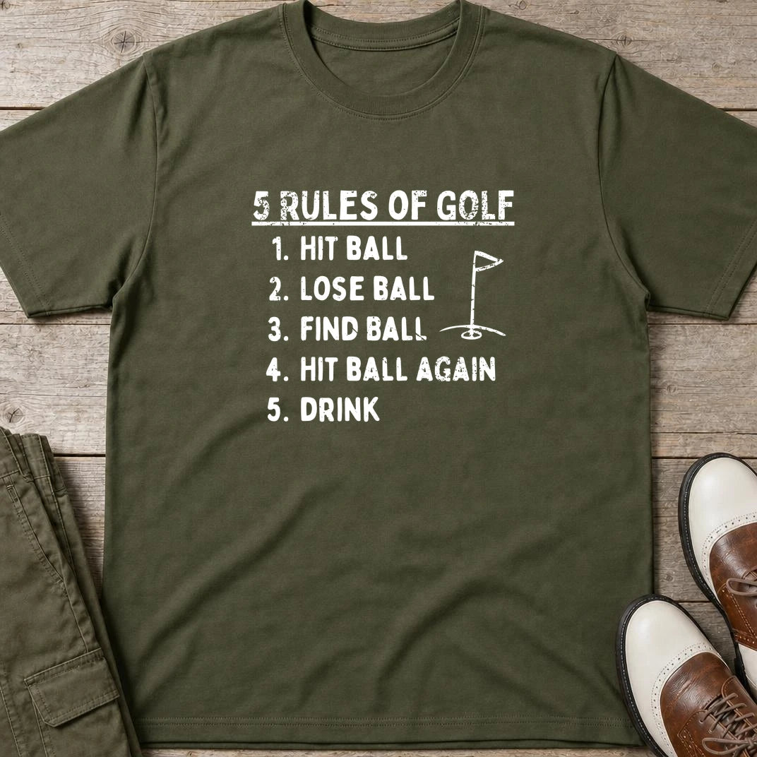 5 Rules T-Shirt in Military Green lying on a plain floor. T-shirt is a unisex cut and 100 per cent cotton.