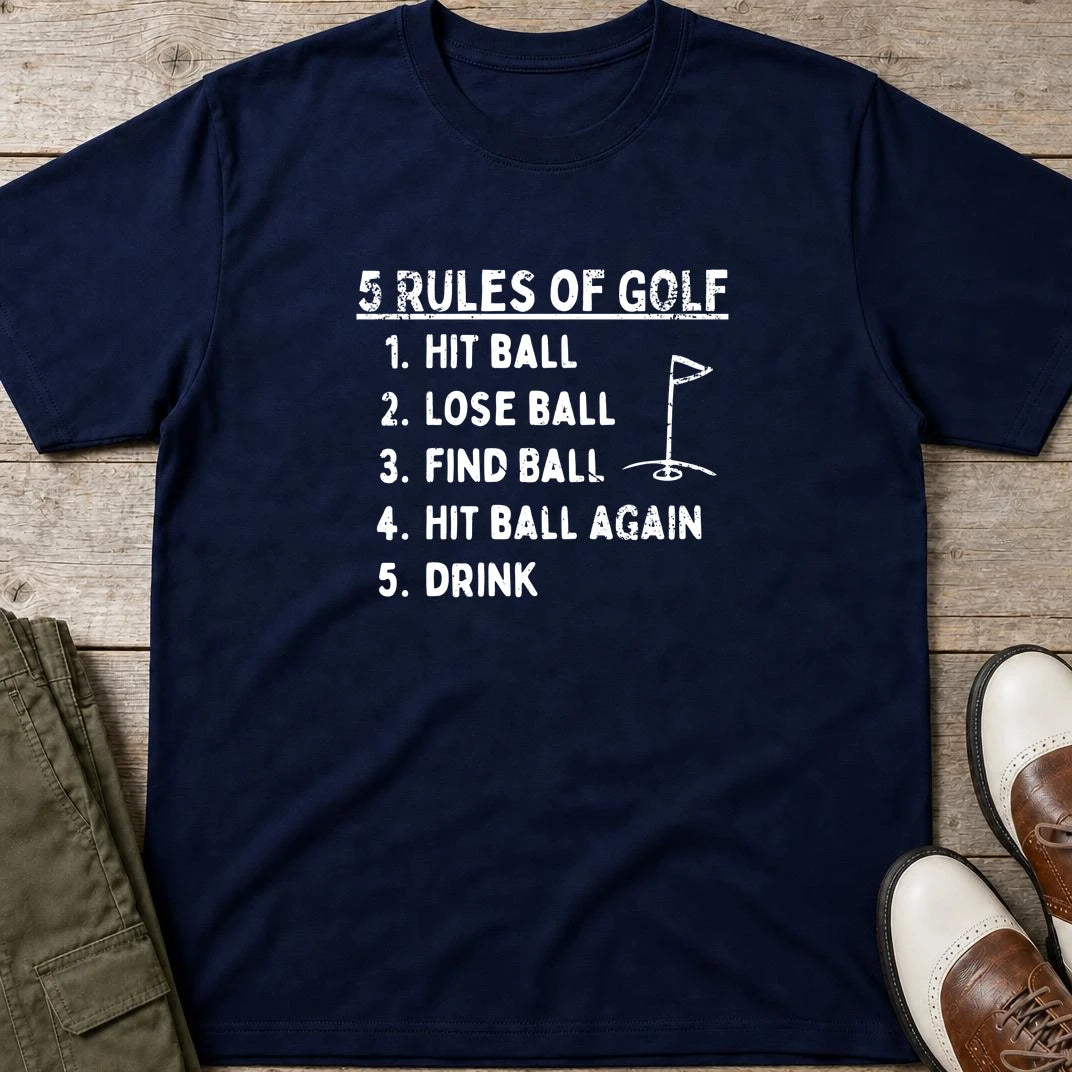 5 Rules T-Shirt in Navy lying on a plain floor. T-shirt is a unisex cut and 100 per cent cotton.