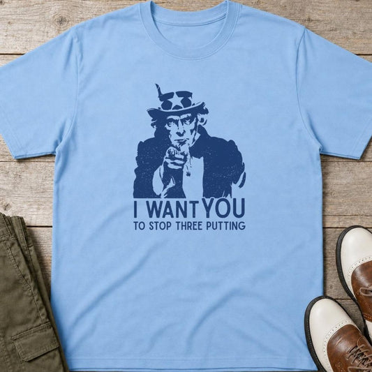 I Want You T-Shirt in Light Blue lying on a plain floor. T-shirt is a unisex cut and 100 per cent cotton.