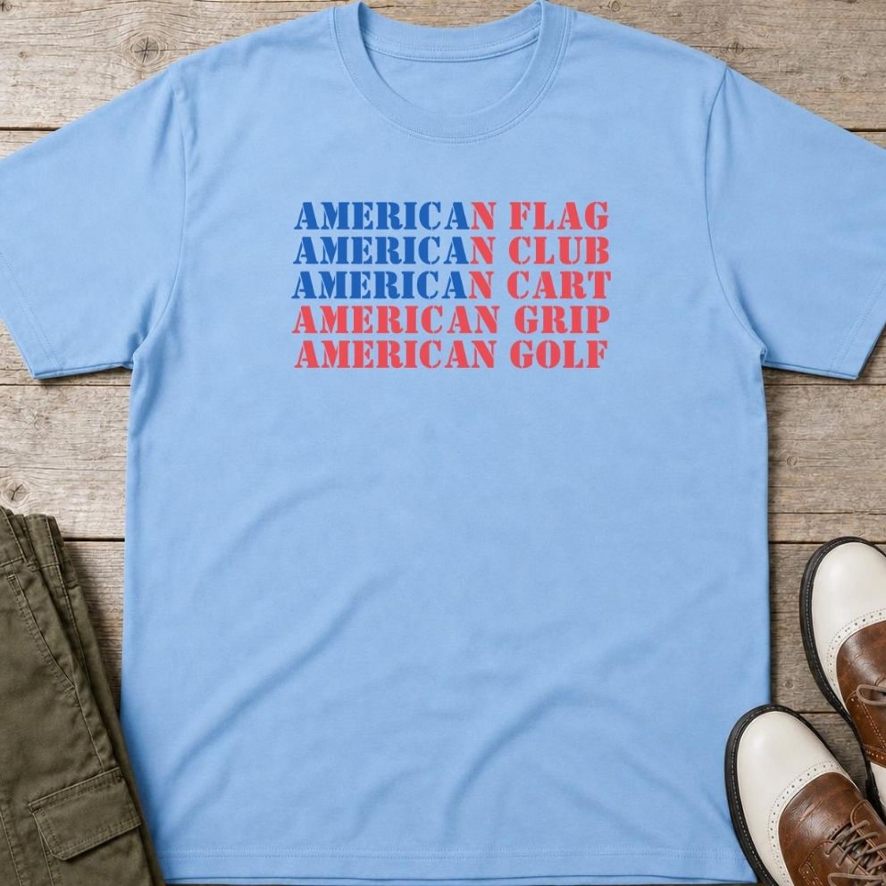 American Golf T-Shirt in Light Blue lying on a plain floor. T-shirt is a unisex cut and 100 per cent cotton.
