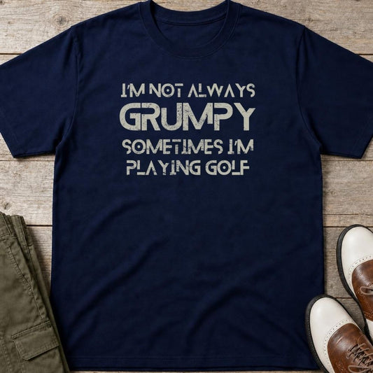 Grumpy Golf T-Shirt in Navy lying on a plain floor. T-shirt is a unisex cut and 100 per cent cotton.