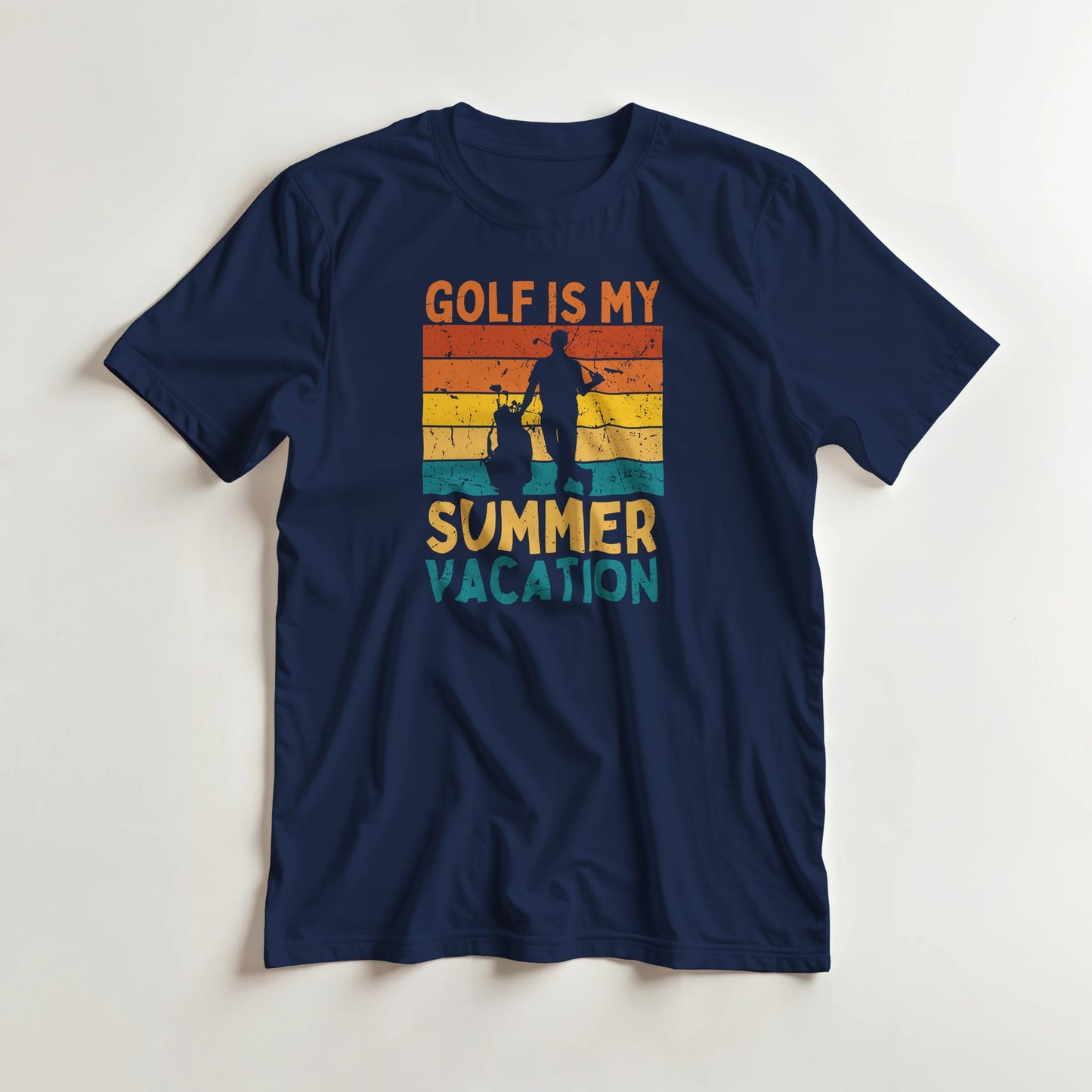 Summer Vacation T-Shirt in Navy lying on a plain floor. T-shirt is a unisex cut and 100 per cent cotton.