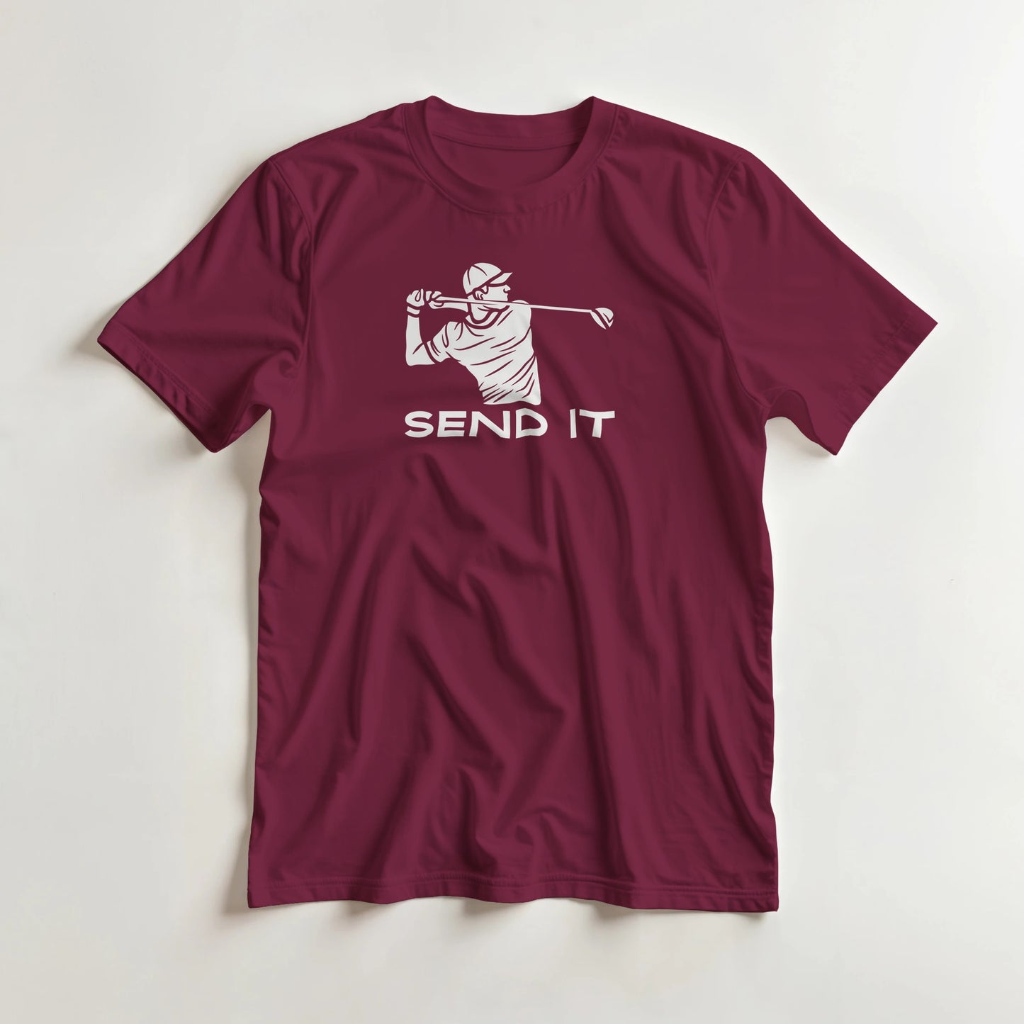 Send It T-Shirt in Maroon XL lying on a plain floor. T-shirt is a unisex cut and 100 per cent cotton.