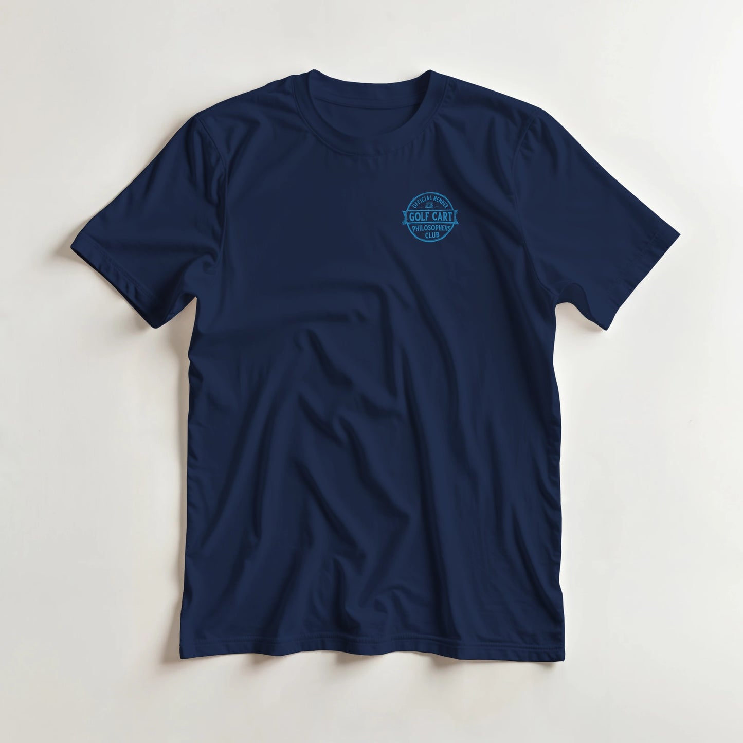 Philosophers T-Shirt in Navy XL lying on a plain floor. T-shirt is a unisex cut and 100 per cent cotton.