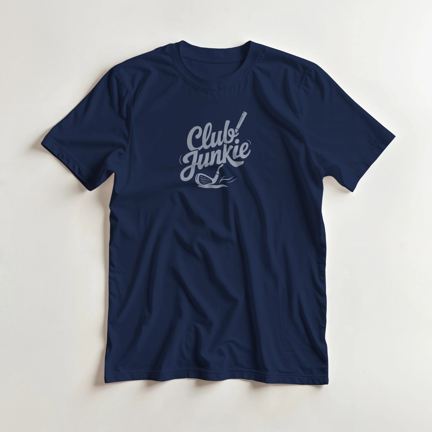 Club Junkie T-Shirt in Navy XL lying on a plain floor. T-shirt is a unisex cut and 100 per cent cotton.