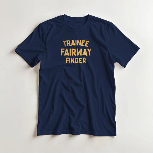 Fairway Finder T-Shirt in Navy S lying on a plain floor. T-shirt is a unisex cut and 100 per cent cotton.