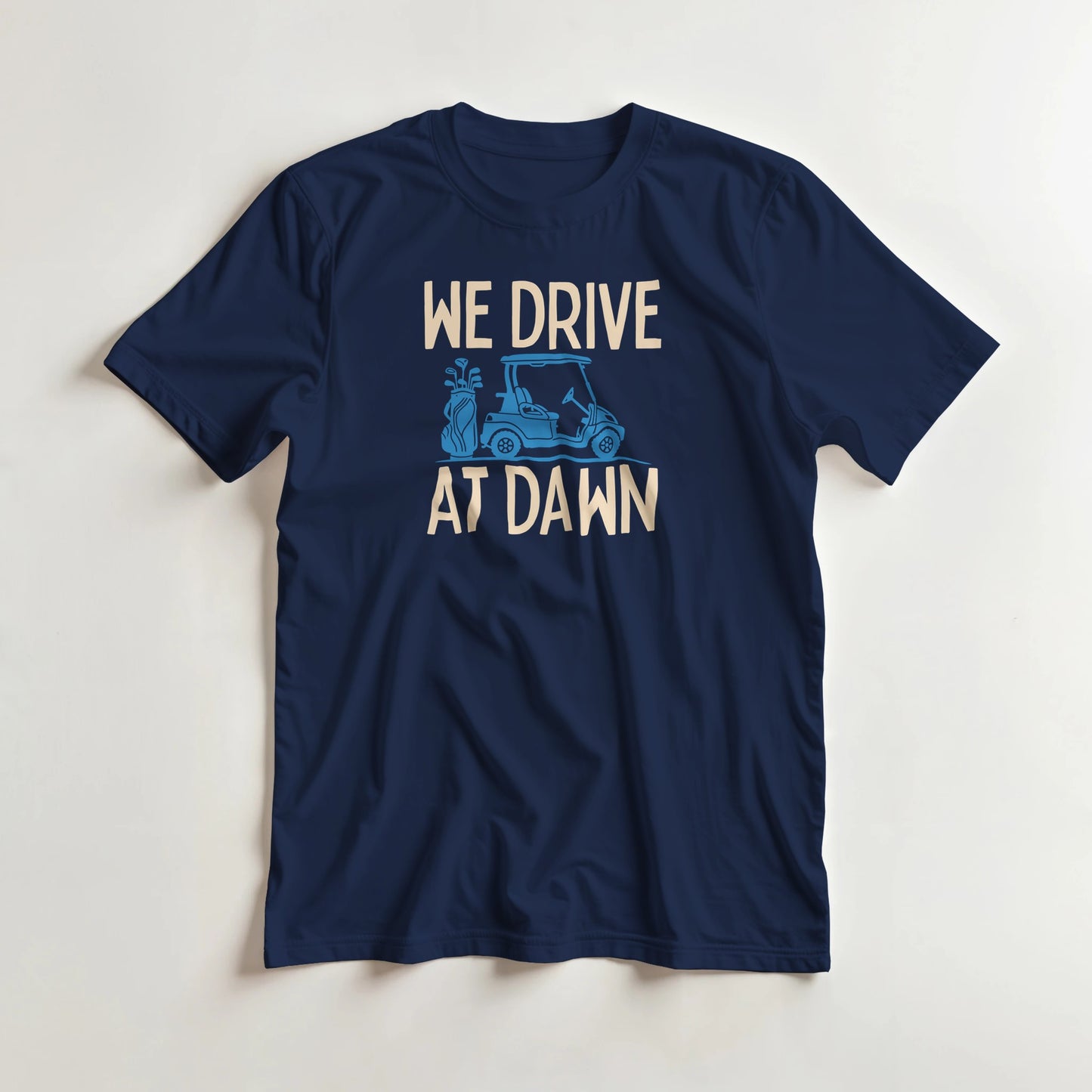 Drive At Dawn Blue T-Shirt in Navy lying on a plain floor. T-shirt is a unisex cut and 100 per cent cotton.