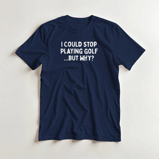 But Why? T-Shirt in Navy lying on a plain floor. T-shirt is a unisex cut and 100 per cent cotton.