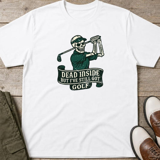 Dead Inside T-Shirt in White lying on a plain floor. T-shirt is a unisex cut and 100 per cent cotton.