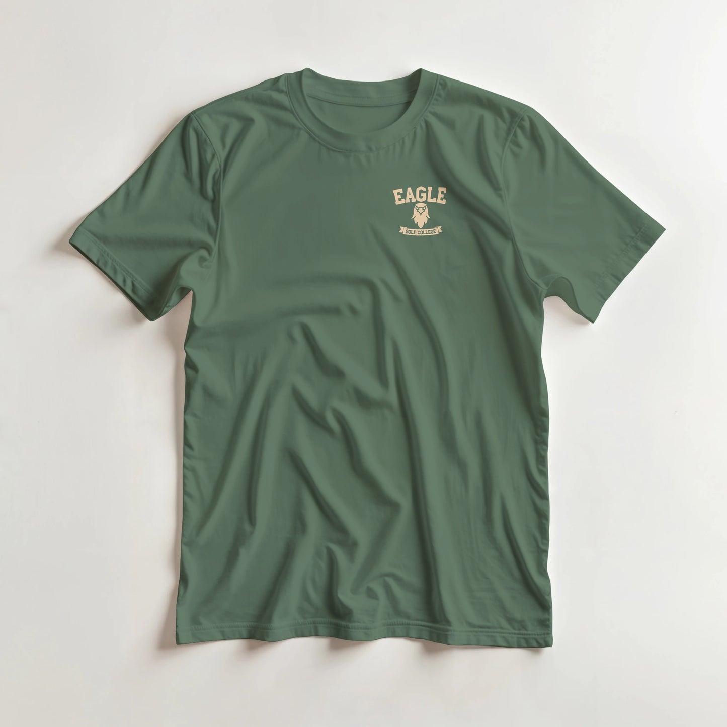Eagle College (Pocket) T-Shirt in Military Green lying on a plain floor. T-shirt is a unisex cut and 100 per cent cotton.