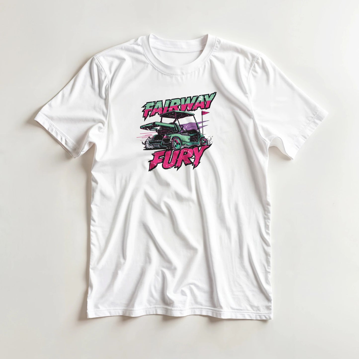 Fairway Fury T-Shirt in White XL lying on a plain floor. T-shirt is a unisex cut and 100 per cent cotton.