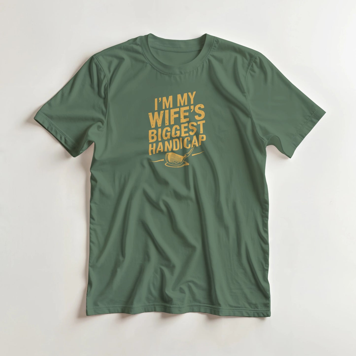 Biggest Handicap T-Shirt in Military Green lying on a plain floor. T-shirt is a unisex cut and 100 per cent cotton.
