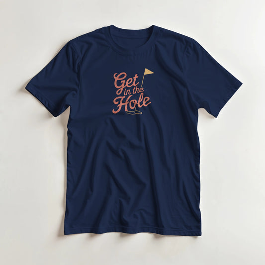 In The Hole T-Shirt in Navy S lying on a plain floor. T-shirt is a unisex cut and 100 per cent cotton.