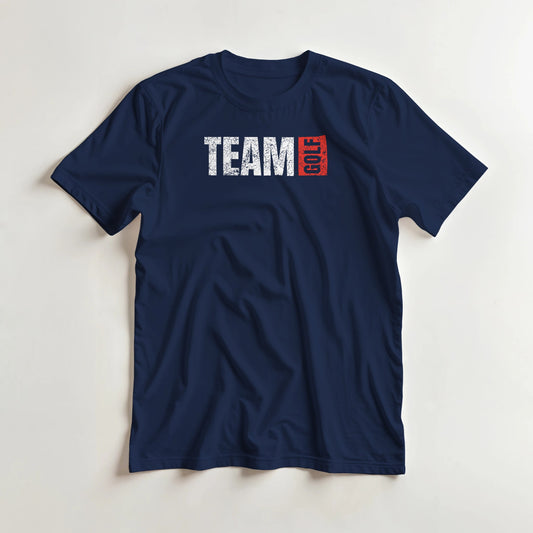 Team Golf T-Shirt in Navy lying on a plain floor. T-shirt is a unisex cut and 100 per cent cotton.
