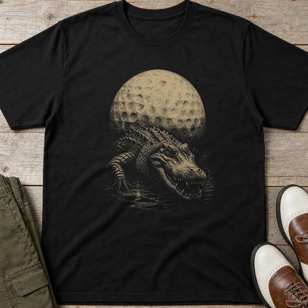 Crocodile Moon T-Shirt in Black lying on a plain floor. T-shirt is a unisex cut and 100 per cent cotton.