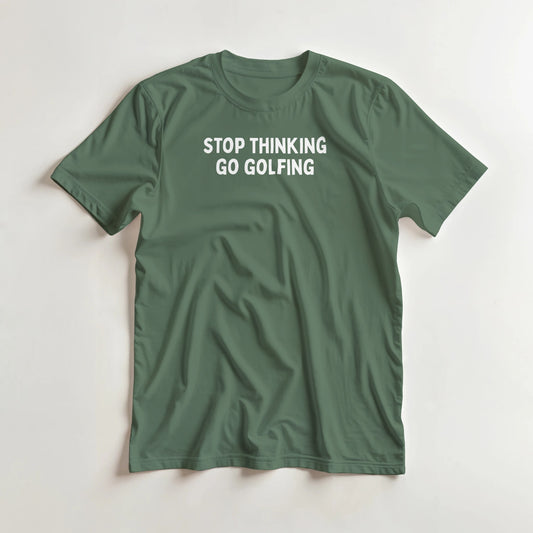 Go Golfing T-Shirt in Military Green S lying on a plain floor. T-shirt is a unisex cut and 100 per cent cotton.