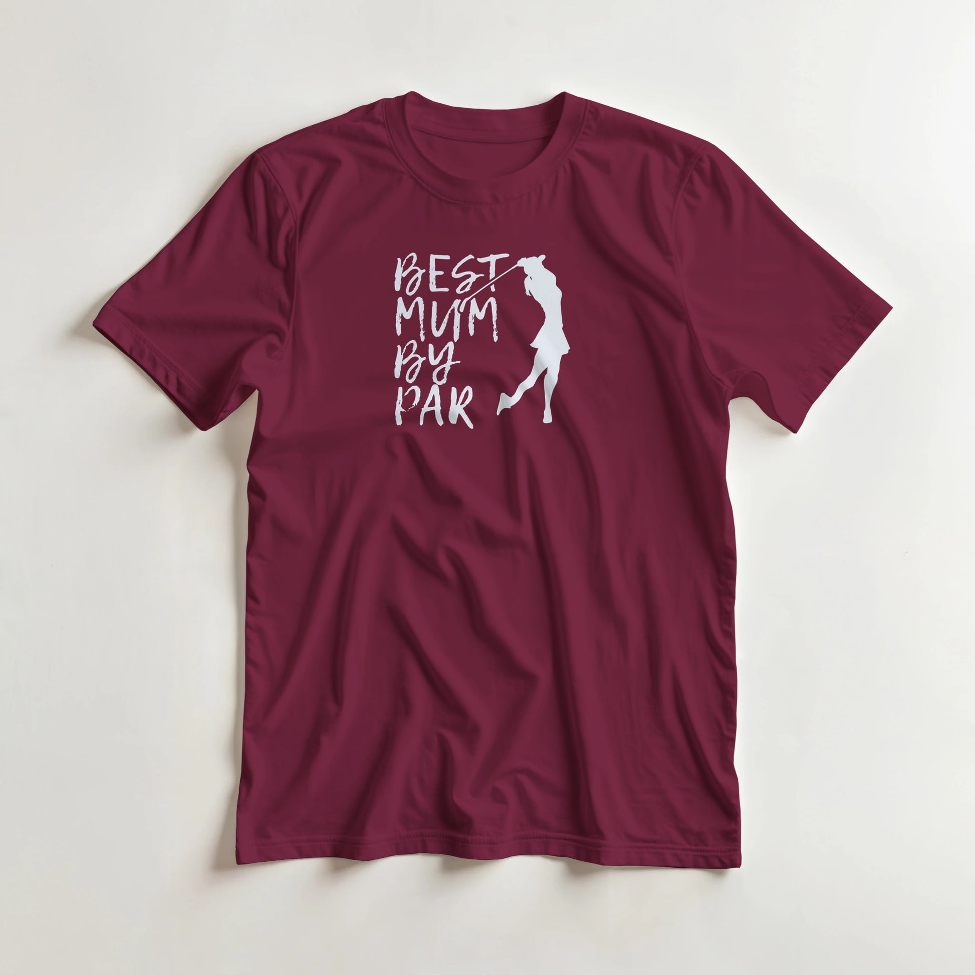 Best Mum T-Shirt in Maroon lying on a plain floor. T-shirt is a unisex cut and 100 per cent cotton.