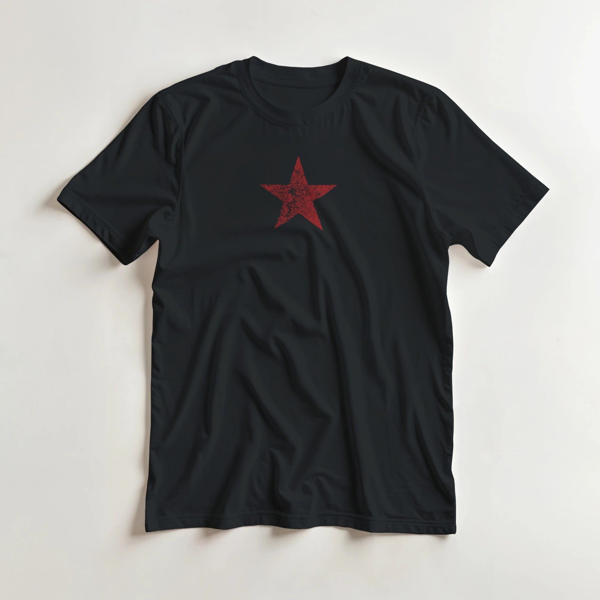 Star Rouge T-Shirt in Black lying on a plain floor. T-shirt is a unisex cut and 100 per cent cotton.